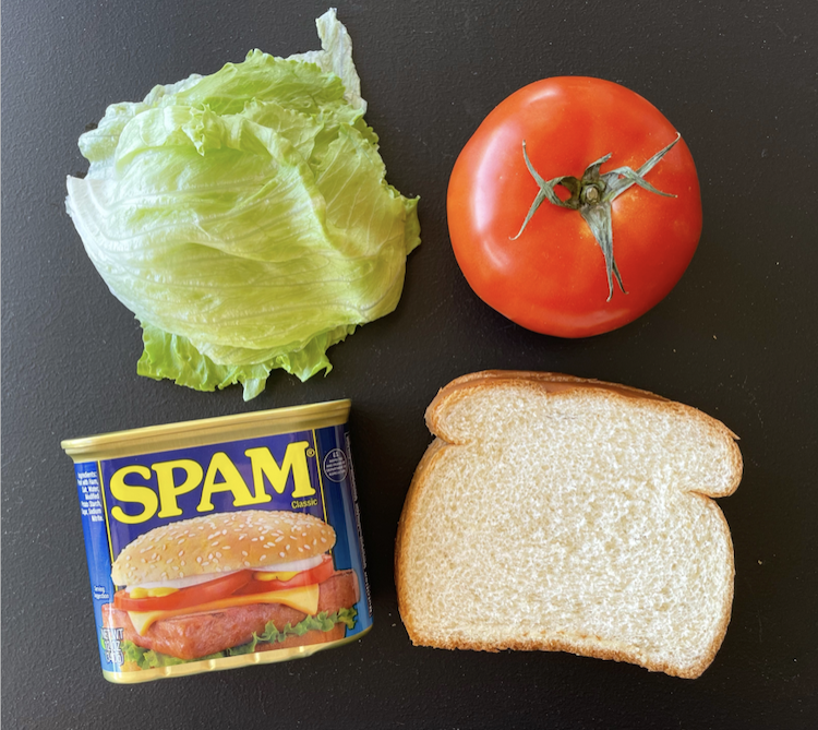 Ingredients for a Spam sandwich. It tastes like a yummy BLT! Who needs bacon when you have canned Spam!
