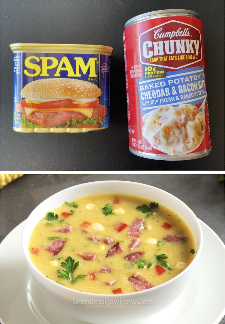 Mix fried Spam with a can of potato soup for the best comfort food! Spam is great for last minute dinners when you don't feel like grocery shopping and can't afford to order in. 