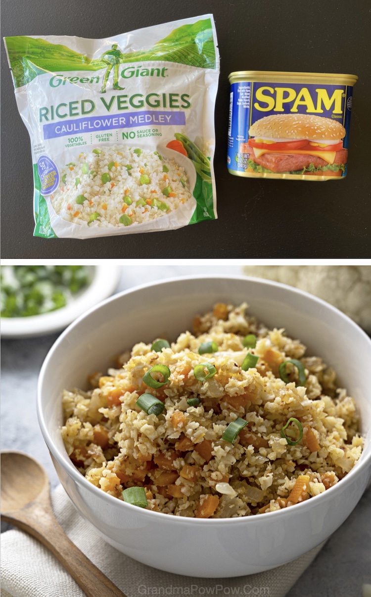 This quick and easy meal is so simple to make and absolutely delicious! Mix a frozen bag of cauliflower rice together with fried Spam for a healthy and low carb meal. 