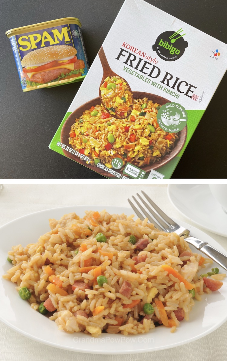 Spam & Fried Rice! The best quick and easy dinner for busy weeknight meals. So easy to make with frozen fried rice and a can of spam. Great for a family on a budget. My kids love it. 