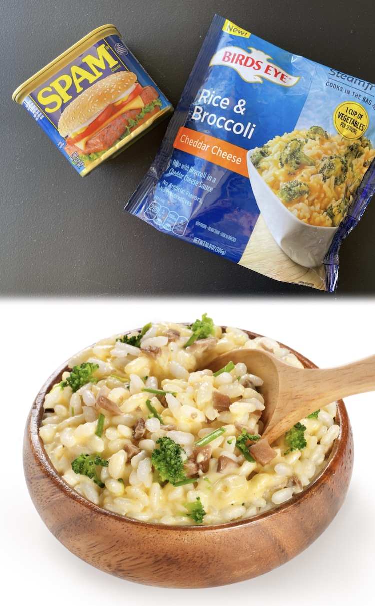 Try mixing a can of Spam with your favorite frozen meals! Simply fry it up on your stove, dice it, and mix it into all kinds of pre-packaged foods to make them taste better. 