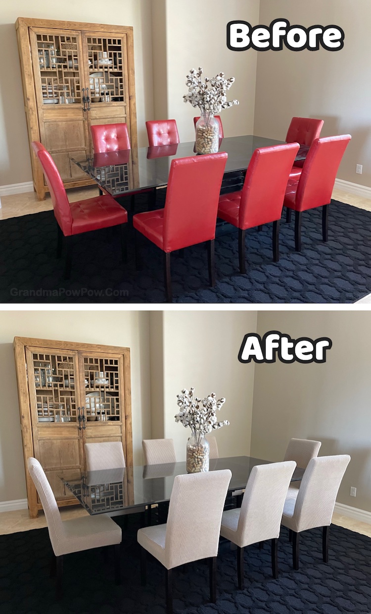 Before and After picture of outdated and ugly dining room chairs! Just cover them with these chair covers to save you a ton of money. If you're looking for budget friendly ways to update the interior of your home, you've got to try this life hack. 