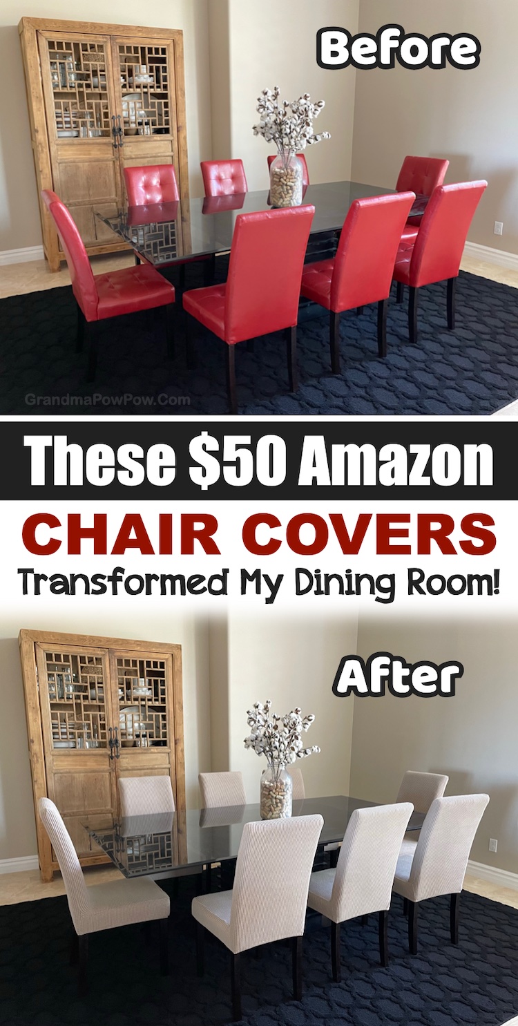 Are you looking for cheap and budget friendly ways to improve your home? Try covering your old and ugly dining chairs with these bargain chair covers. A complete transformation! This little home trick will save you a lot of money and make it look like you bought brand new furniture. Visit Grandma Pow Pow for more easy home improvement ideas like this!