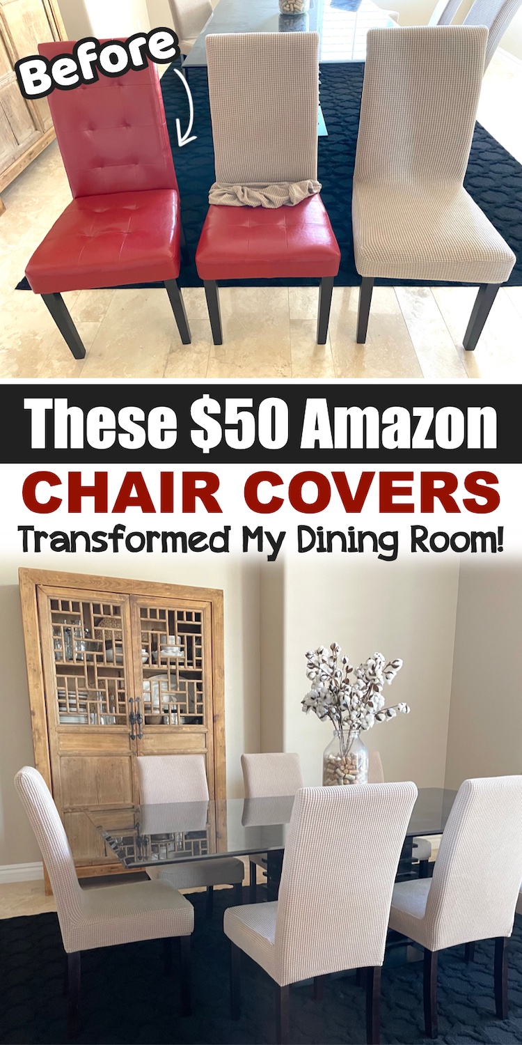 Cheap Home Improvements | This simple idea will transform your space! Simply cover your outdated or scratched dining room chairs with these modern chair covers. An easy way to update your home on a budget! Every home owner should know this awesome life hack. No need to buy new furniture when you can just cover it up. 