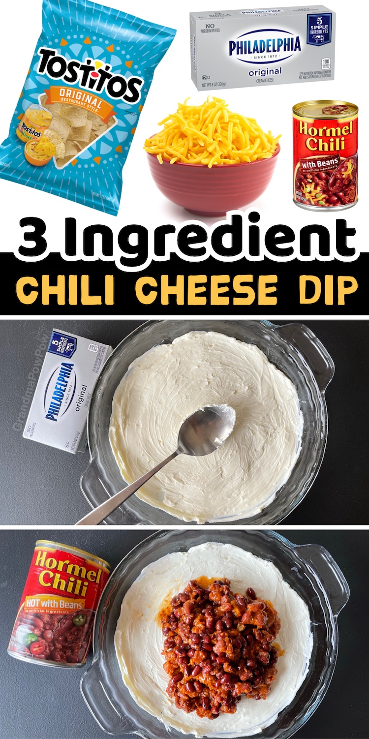 Cheap and easy party food for a crowd! If you're looking for simple appetizers to make, this 3 ingredient chili cheese dip is always a hit. It's quick to make with cream cheese, a can of chili and shredded cheese. This chip dip is perfect for game day or football Sunday! Serve with tortilla chips for the best finger food you'll ever make. A real crowd pleaser!