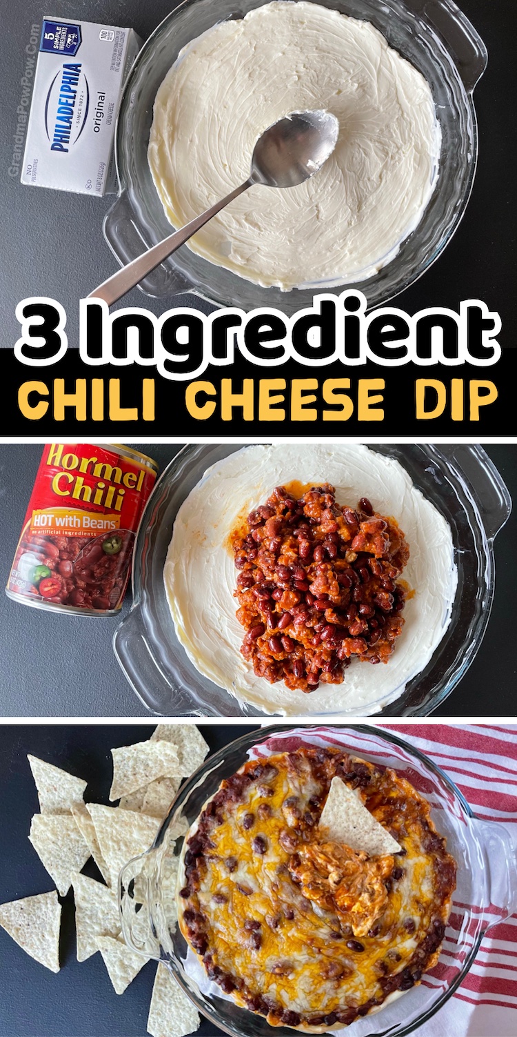 3 Ingredient Chili Cheese Dip Appetizer made with cream cheese! If you need some party food ideas, well here you go! Just layer these cheap ingredients onto the bottom of a shallow dish, bake, and watch it disappear. You can serve it with tortilla chips or Fritos corn scoops. A great snack for game day, parties and family gatherings!