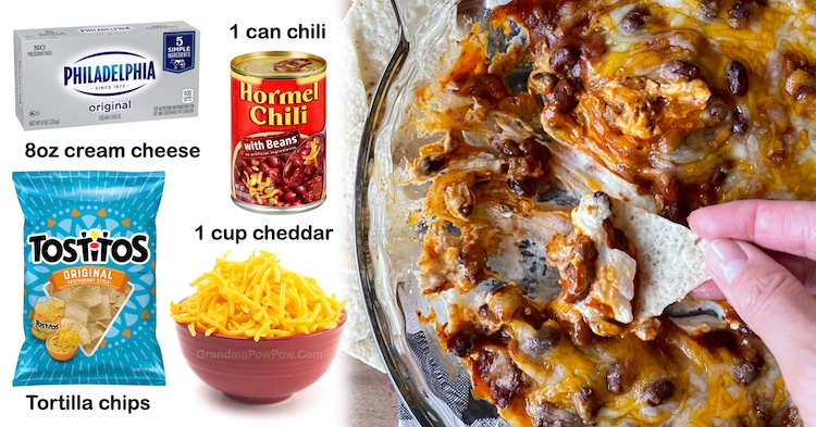 Are you looking for the best party dip recipes that are super easy to make with just a few cheap ingredients? Here you go! This simple appetizer is made with just cream cheese, chili and shredded cheese. Bake and enjoy warm with tortilla chips! The best crowd pleaser especially for game day and football Sunday. 