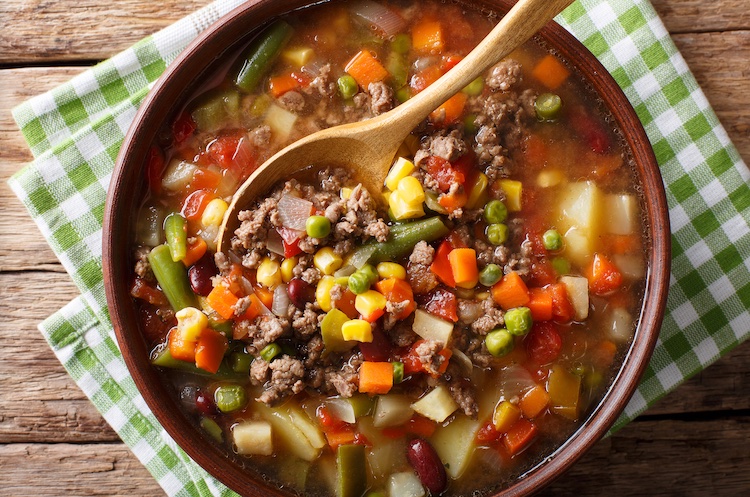 If you're looking for cheap dinner ideas for a family with kids, this Poor Man's Stew in filling and comforting, plus it's super quick and easy to make with just a few ingredients including ground beef, potatoes, onion, frozen veggies, canned tomatoes and beef stock. Healthy and delicious!