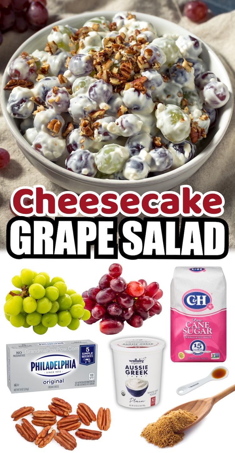 Creamy Cheesecake Grape Salad | A super easy and delicious potluck dish! Serve this cold and sweet side dish for just about any party. Kids especially love it! If you're looking for make ahead party appetizers and side dishes to make, this grape salad is crowd pleasing and easy to make with just a few ingredients: cream cheese, greek yogurt and sugar. 