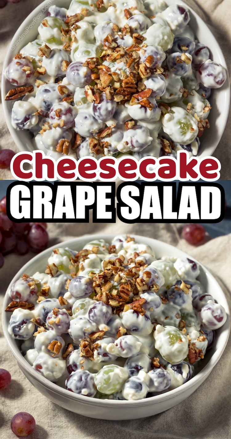 Cheesecake Grape Salad | A yummy sweet side dish for just about any party! If you're looking for make ahead food ideas for potlucks and family gatherings, this creamy grape salad is always a hit at parties. The best sweet and cold side dish! It's wonderful served as a side dish with just about any meal, but we especially like it with bbq. No sour cream! This recipe is made with a mixture of cream cheese, plain greek yogurt and sugar. Top with chopped pecans or walnuts for added crunch.
