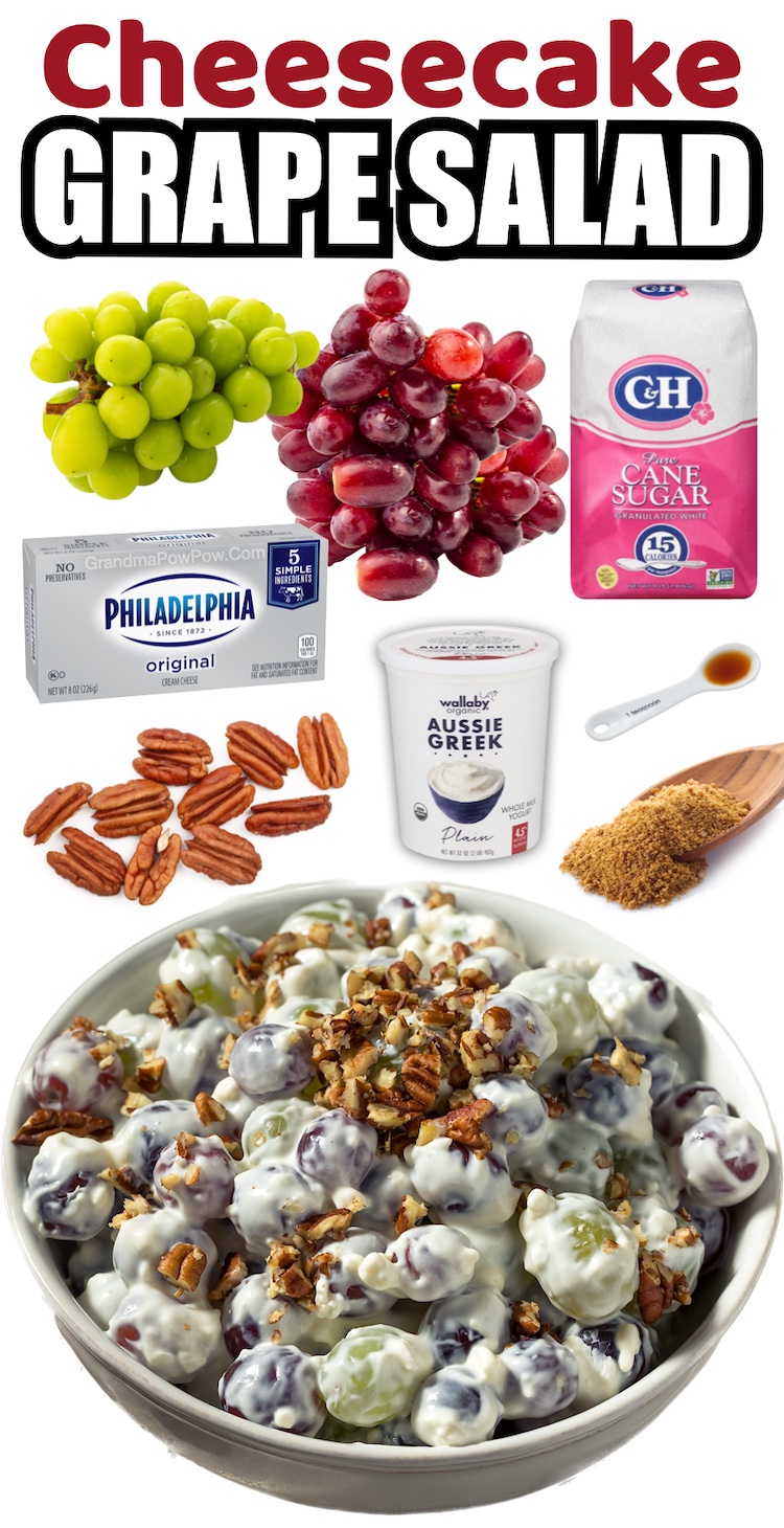 Easy Creamy Grape Salad Recipe made with a block of cream cheese, plain greek yogurt, white sugar, brown sugar, and pecans! The best quick and easy make ahead party food. This sweet and yummy side dish goes with just about anything. Try it for your next backyard bbq! It super refreshing and delicious. 