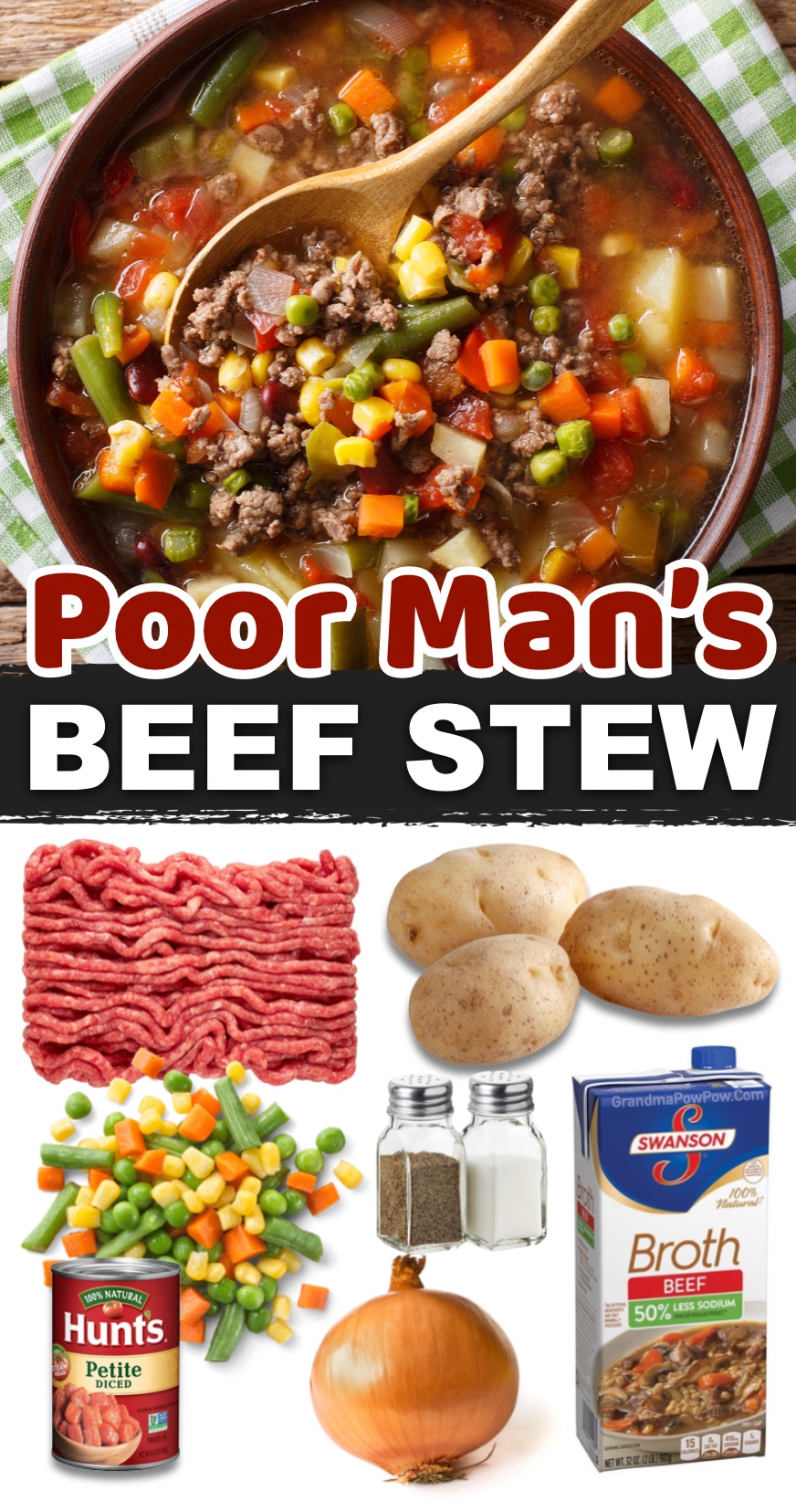 This cheap and easy dinner recipe is a family favorite budget meal! With just a few ingredients you've got yourself a hearty and yummy weeknight dinner for your picky eaters: ground beef, potatoes, frozen veggies, diced tomatoes and beef broth. You can make it on your stove top or in a slow cooker, plus it's freezable for later! This is a great recipe to make in bulk especially if you have a family with kids to feed.