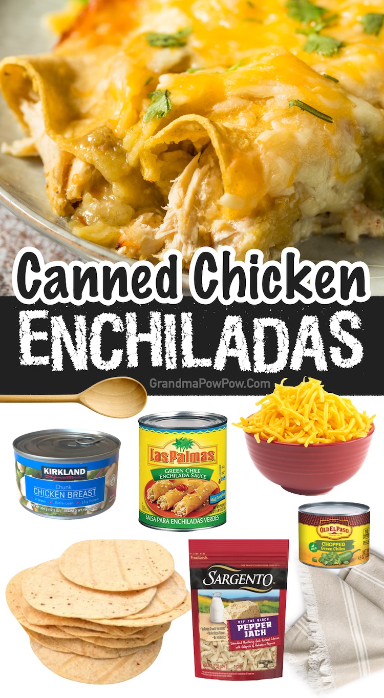 How to make the best canned chicken enchiladas! I prefer green Chile enchilada sauce, but red works too. This easy family dinner recipe has been in my family for decades, and is always a hit, even with my picky kids. 