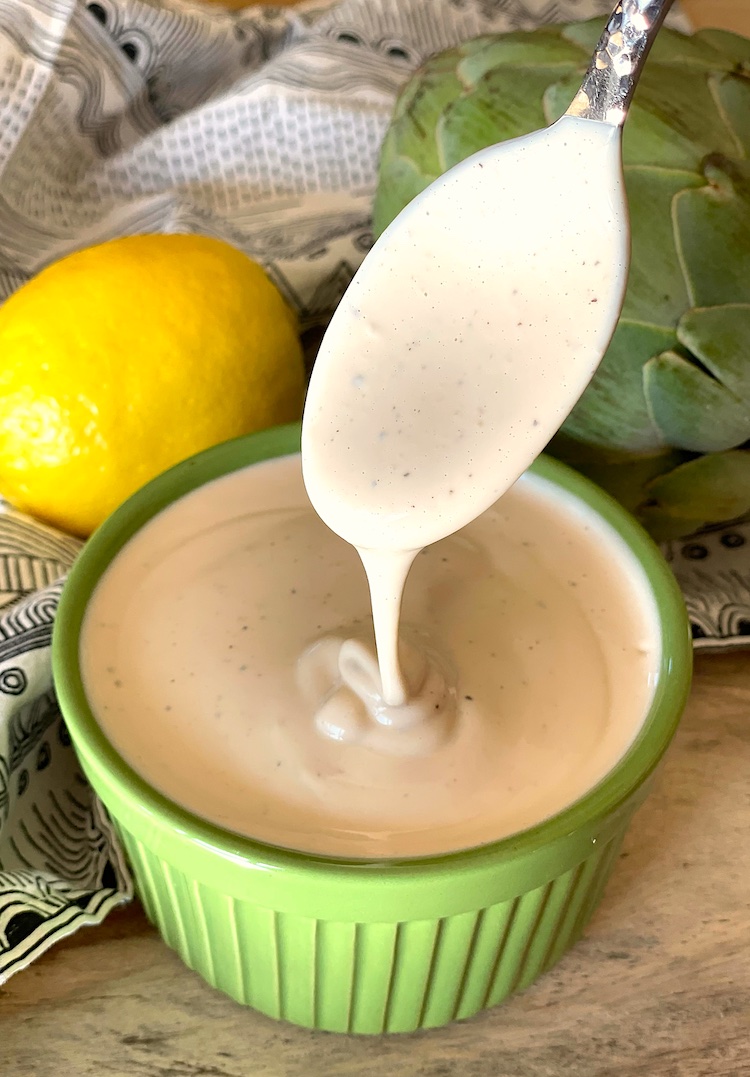 The best EVER artichoke dipping sauce. Super easy to make with just a few ingredients you probably already have at home: mayo, balsamic, lemon juice, Worcestershire, garlic and pepper. 