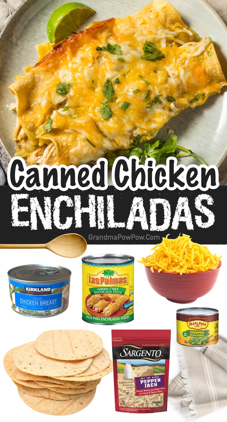 Easy Chicken Enchilada Recipe made with a can of chicken! This last minute meal is perfect for a family with kids, especially on busy weeknights when you're tired and hungry. It's made with just a few budget ingredients including canned chicken, corn tortillas, cheese, and store-bought enchilada sauce. 