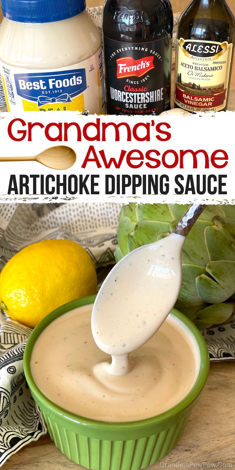 Grandma's best artichoke dipping sauce! This easy classic veggie dip recipe is made with simple ingredients including mayo, balsamic vinegar, lemon juice, Worcestershire sauce, garlic and black pepper. It's a wonderful dip for other veggies, too! We use it for asparagus and French fries. My entire family goes crazy for this recipe. It's awesome! Tangy, sweet, and salty. It has every flavor in the book. 