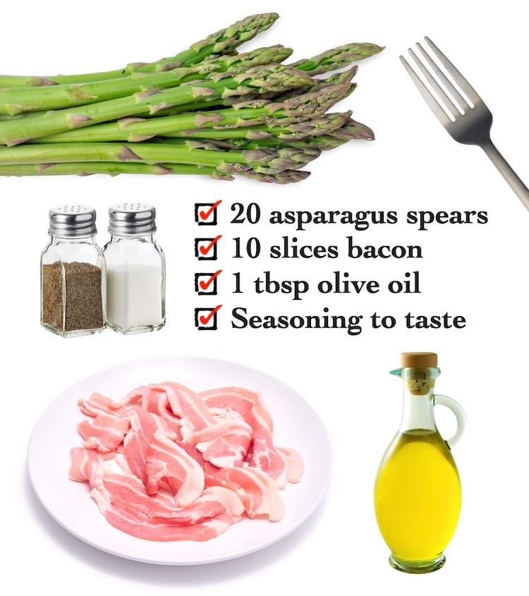 Ingredients for Bacon Wrapped Asparagus cooked in the oven at 400° F for 20-25 minutes. 