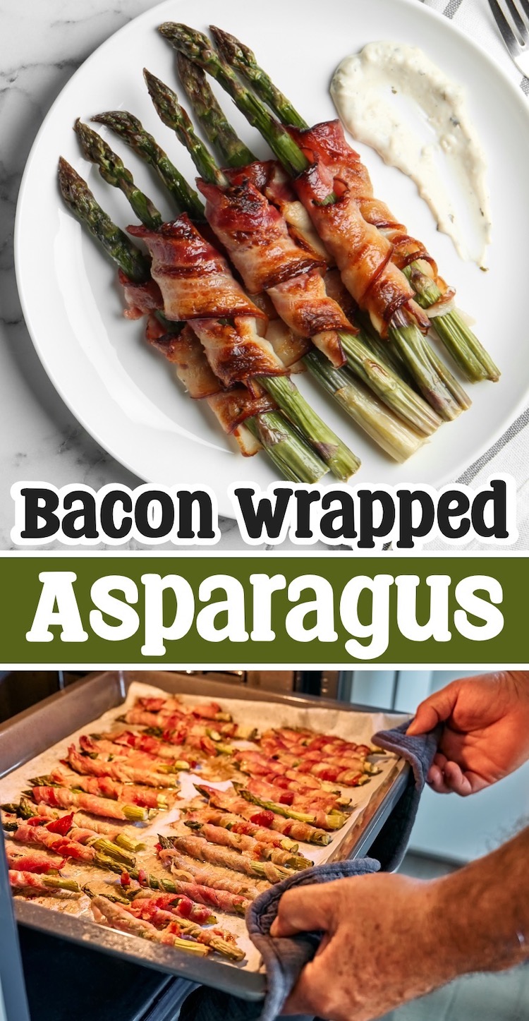 How to make bacon wrapped asparagus in the oven! Simply wrap thick asparagus spears in bacon and cook on a sheet pan at 400° for 20-25 minutes or until the bacon is crispy and the asparagus is tender. This is a super yummy side dish for any meal! Your family will beg you to make it again and again. 