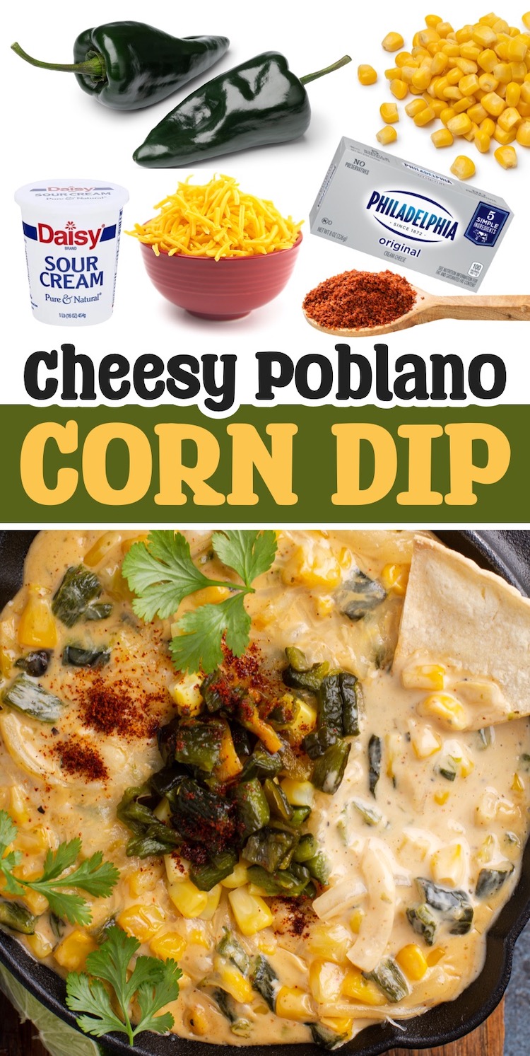 Cheesy Poblano Corn Dip Recipe made with simple ingredients in a cast iron skillet. Break out the cream cheese because you're about to make the best best party food. 