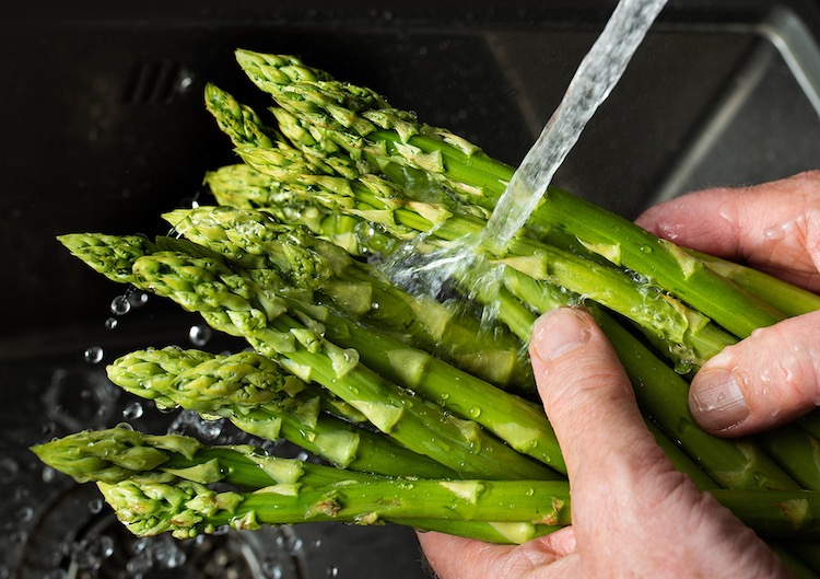 Washing and preparing asparagus for cooking with bacon. 
